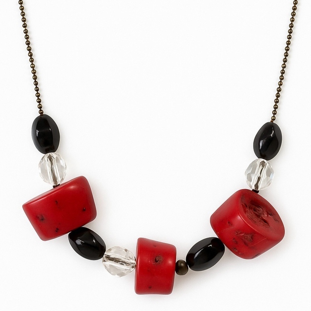 Chunky Red Resin and Black Bead Statement Necklace